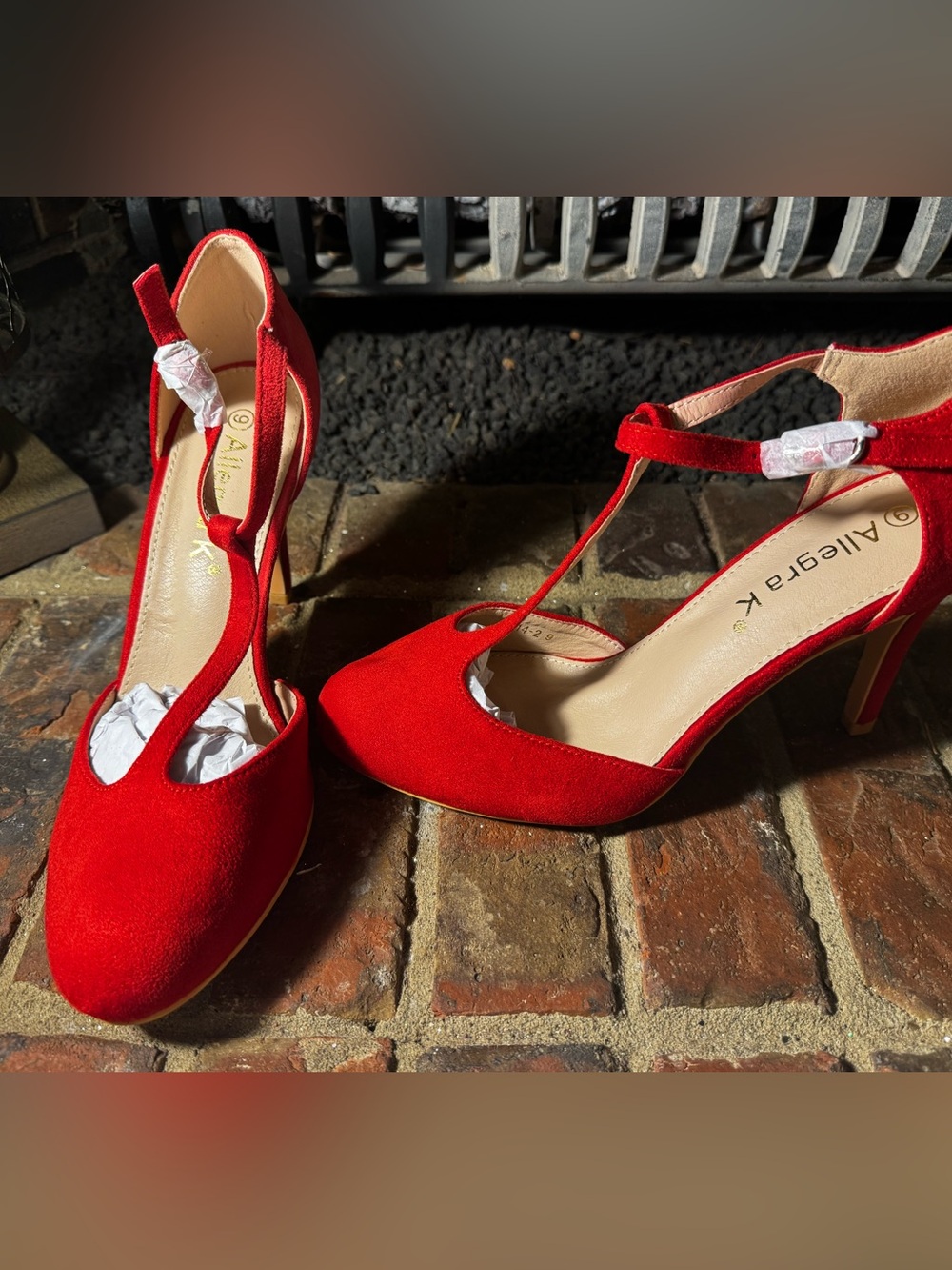 Allegra K Red Suede T-Strap Pointed Toe Heels